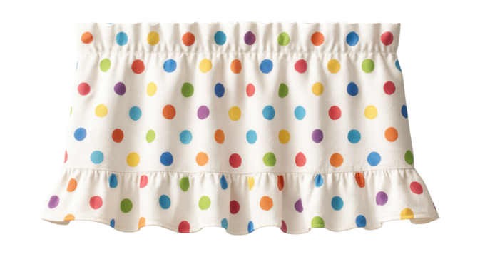 A playful polka dot cotton valance with a ruffled edge, great for a child?s bedroom window.