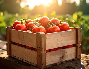 Fresh tomatoes in a wooden crate outdoors