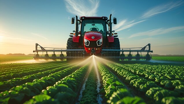 A Modern Red Tractor Spraying Crops in a Green Field at Sunrise for Efficient and Sustainable Agriculture