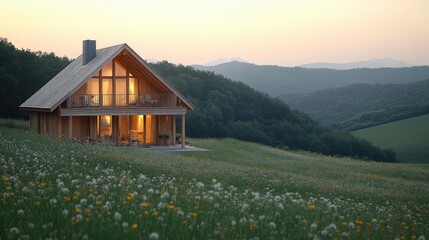 Fototapeta premium Cozy garden house with wooden walls and blooming flowers, nestled in a green meadow with majestic mountain views and soft sunlight