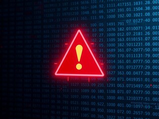Abstract conceptual image of red glowing warning symbol over digital code background, representing cyber threat, dark atmosphere

