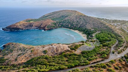 Aerial view of Hanauma Bay, a stunning turquoise water cove.