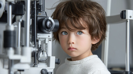 japanese kid patient 6 years old getting an eye test with an optometrist, clean modern equipment, focus on patient expression, soft neutral background,