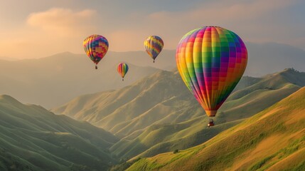 Obraz premium Colorful hot air balloons soaring above rolling green hills during sunset in a vibrant landscape