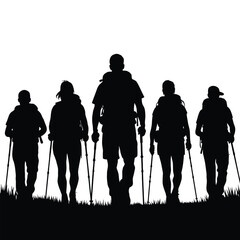 A group of hikers walks forward together