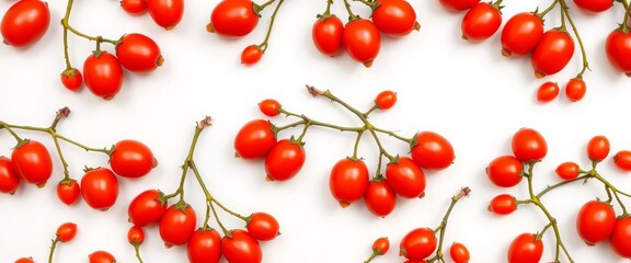 Vibrant orange rosehip berries arranged in a repeating pattern on a pristine white background,  seamless,  medicinal