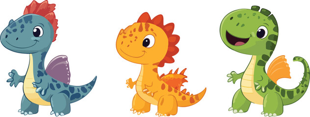 Fototapeta premium Three Adorable Cartoon Baby Dinosaurs Standing Side by Side on a White Background