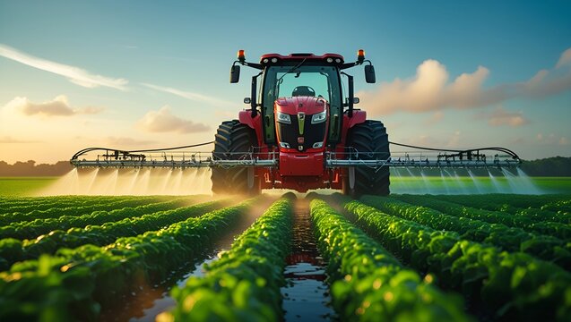 A Modern Red Tractor Spraying Crops in a Green Field at Sunrise for Efficient and Sustainable Agriculture - Powered by Adobe