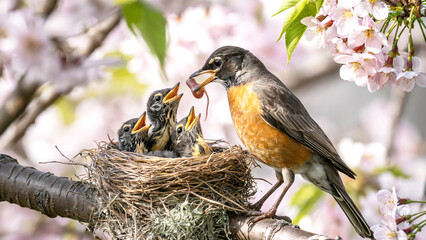 Robin parent feeding worm to hungry chicks in a nest surrounded by blossoms