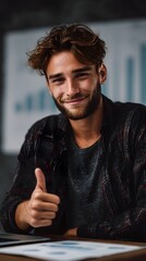 Young entrepreneur shows thumbs up beside digital portfolio growth