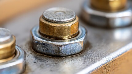 Macro photograph of a weathered gold and silver metal bolt and nut assembly
