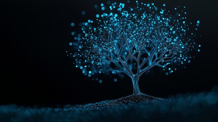A glowing, digital-style tree with blue lights and dots on a dark background, symbolizing technology and nature fusion.