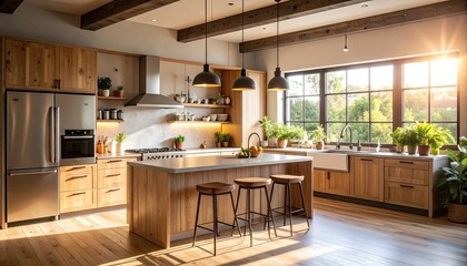 Modern farmhouse kitchen with sunlit view