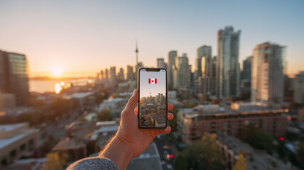 User Holding Smartphone with Canada Day App – Urban Digital Celebration