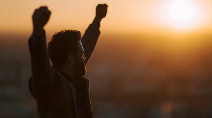 Fototapeta premium Triumphant silhouette of a successful entrepreneur celebrating a profit milestone during golden hour