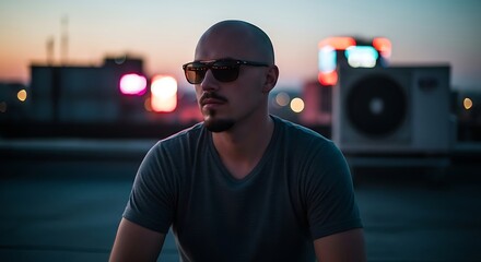 Thoughtful urban man on a city rooftop at sunset, an ideal subject for a lifestyle mockup or a striking display template.