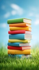 A stack of colorful books sits on vibrant green grass against a bright blue sky with puffy clouds
