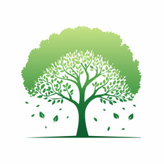 Obraz premium Green Tree with Falling Leaves in the Wind