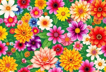 Fototapeta premium Vibrant, seamless floral pattern featuring diverse summer blooms in full bloom, buttercup, bright