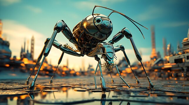 A detailed view of a mechanical ant robot in a futuristic cityscape.