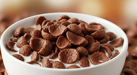 Delicious chocolate cereal breakfast bowl with milk healthy food for kids and adults morning meal 100