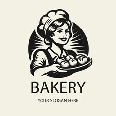Black and white flat vector logo of a smiling female baker holding a tray of buns. Perfect for bakery branding, pastry shops, or baking-related designs.
