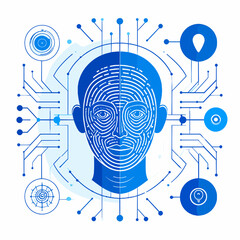 Abstract Face Recognition System with Blue Circuit Design on White Background