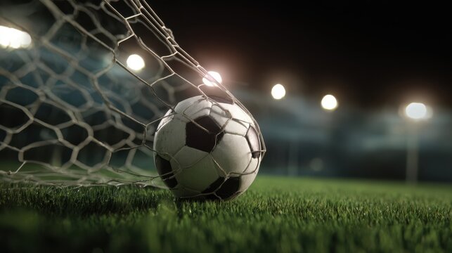 The soccer ball nestled in the net under stadium lights at night.
