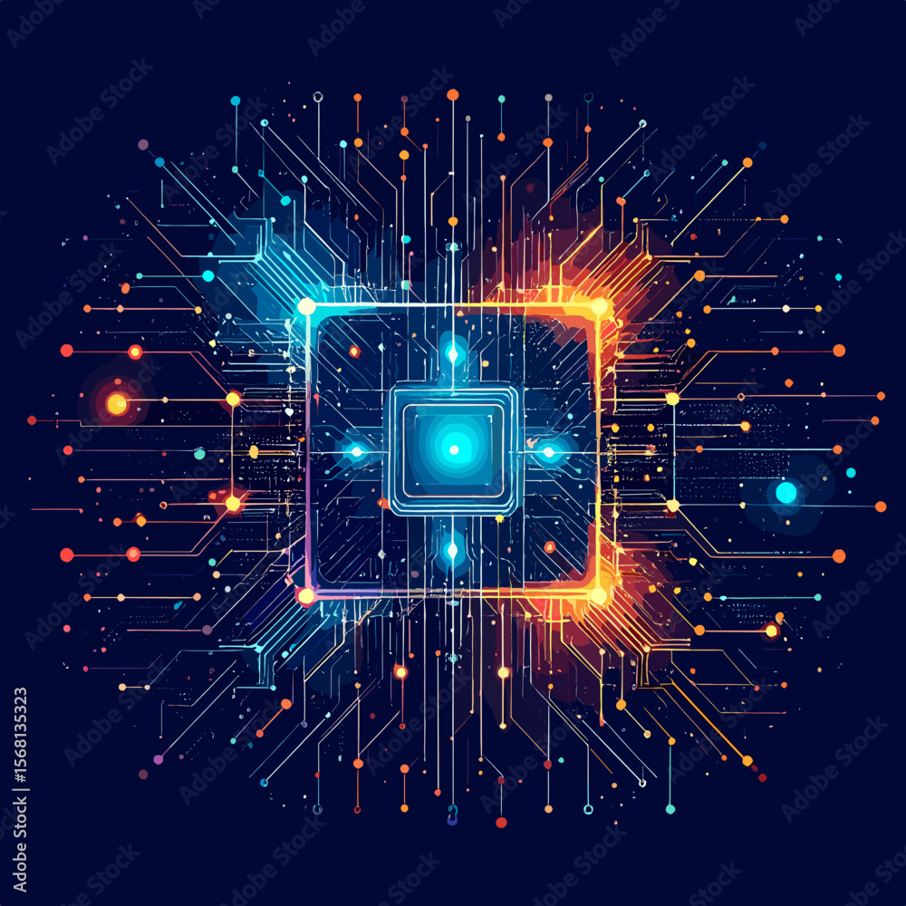 Wall mural abstract futuristic technology concept with glowing circuit design on dark blue background represent