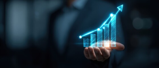 The hand showcasing a rising digital growth chart with vibrant statistics.