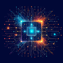 Abstract Futuristic Technology Concept with Glowing Circuit Design on Dark Blue Background Representing Artificial Intelligence and Network Communication