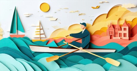 Fototapeta premium Papercraft scene depicts rowing boat near coastal town. Sunny day, calm waters, layered paper art style. Peaceful, idyllic moment.