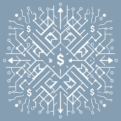 Abstract Geometric Pattern with White Intricate Designs and Currency Symbols on Light Blue Background for Financial Theme