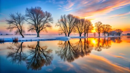 Serene winter landscape with bare trees reflecting in calm water during a vibrant sunset
