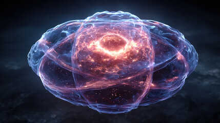 Electron cloud surrounding a nuclear core, artistic imagination, black background