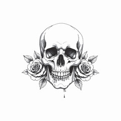 Skull with Roses Black and White Tattoo Style Illustration