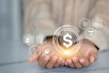 Cupped hands hold a glowing dollar sign surrounded by various financial and money-related icons, symbolizing wealth management.
