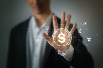 A businessman interacts with a secure financial interface, with his hand over a glowing dollar sign symbol.