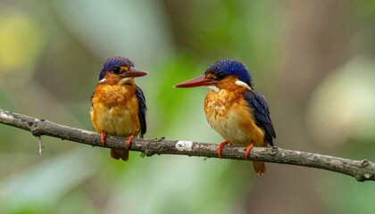 Fototapeta premium A pair of colorful kingfishers perched on a tree branch in their natural habitat