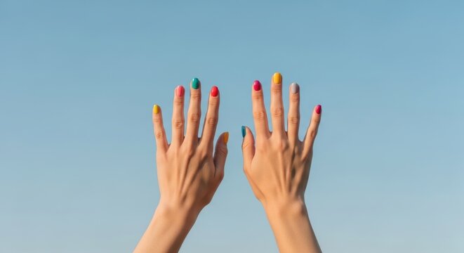 Colorful manicured female hands against clear blue sky