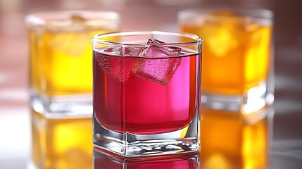 Two colorful drinks with ice cubes in glasses.