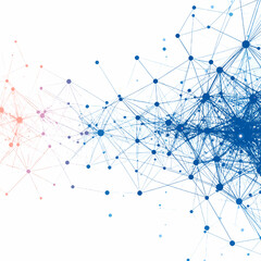 Abstract Network Connection of Blue and Orange Dots and Lines on White Background for Digital Communication and Data Science Visualization