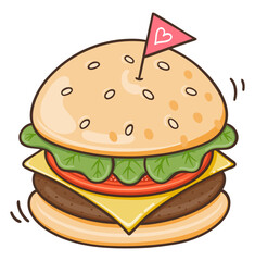 This illustration is a cute vector image of a cheeseburger with a small flag on top. It is perfect for content related to food, fast food, lunch, snacks, and culinary themes