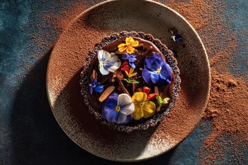 Chocolate Tart with Edible Flowers and Cocoa Powder Styling