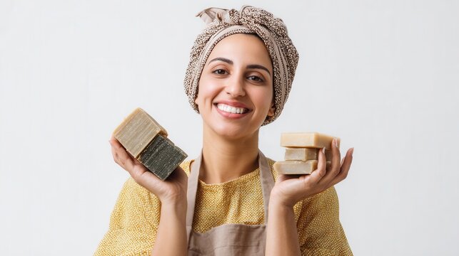Young Woman Holding Handmade Soap Bars with a Bright Smile