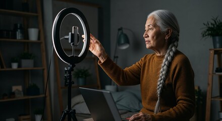 Fototapeta premium Elderly Indigenous woman with long silver braid setting up ring light to film vlog in home studio