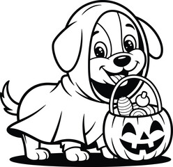 Obraz premium ghost puppy with a pumpkin candy basket, perfect for Halloween, trick-or-treating, and spooky cute designs.