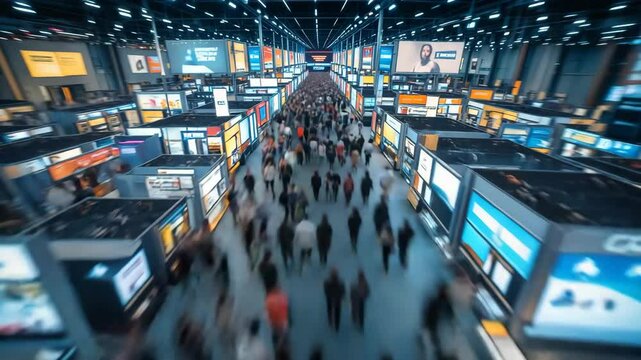 Dynamic Trade Show Crowd:  Immersive Aerial View, Fast-Paced Energy