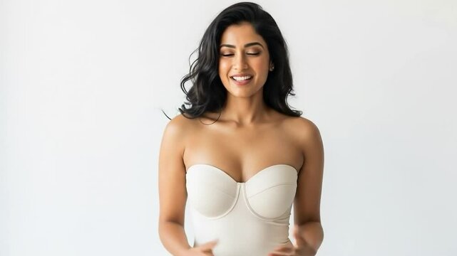 young Indian women in strapless wear smiling and posing on white background