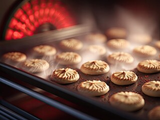 Freshly baked cookies on a tray, steaming from a warm oven.  A red-lit fan is visible in the background